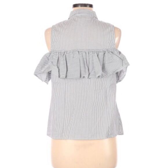 MICHAEL KORS | Pinstripe Cold Shoulder Ruffle Top Women’s Size Medium - Picture 2 of 8